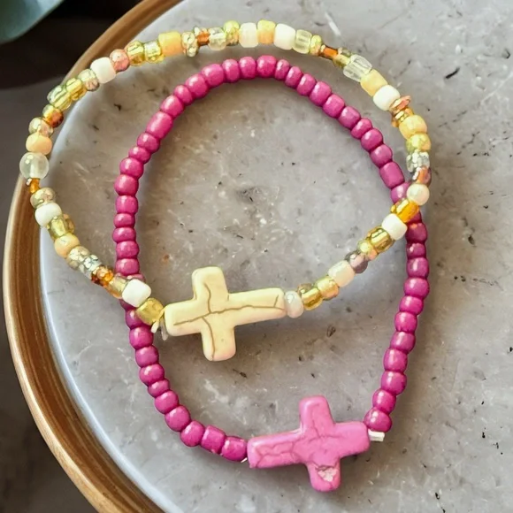Hand Crafted Pink and Cream Beaded Cross Bracelets - Picture 2 of 6
